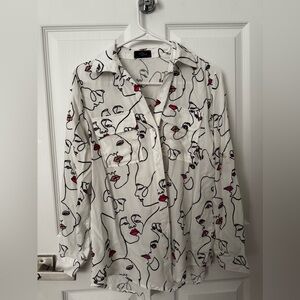 Milk & Honey White Casual Button Down Shirt with Face Print